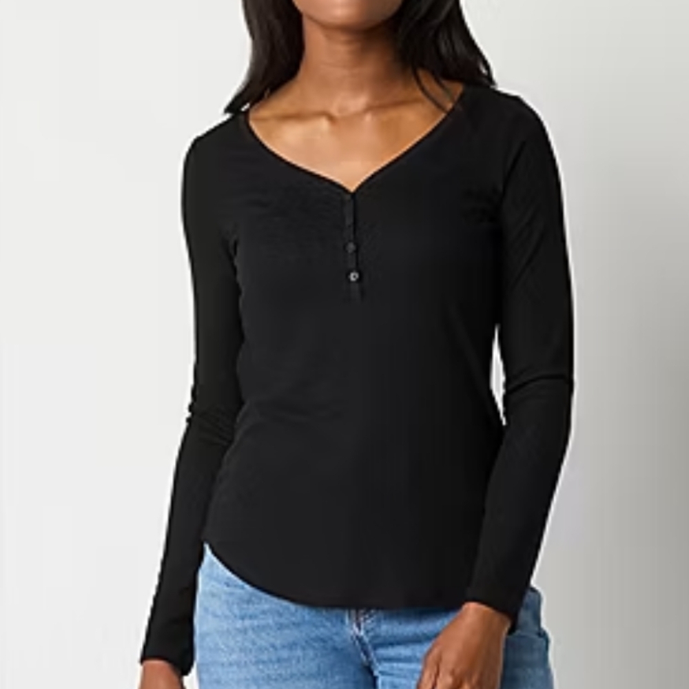 a.n.a Womens Black Long Sleeve Henley Shirt - XXL